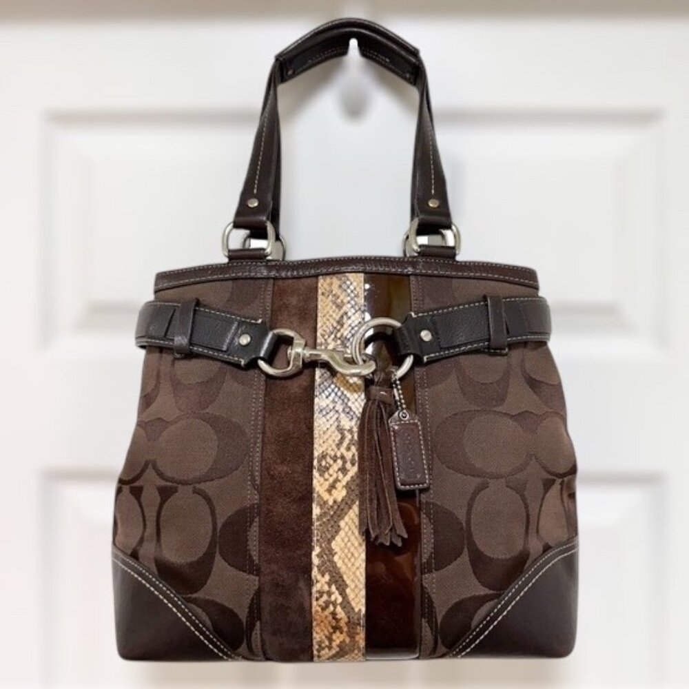 Coach Hamptons Patchwork Tote Bag Signature Canvas Python‎ Stripe Suede